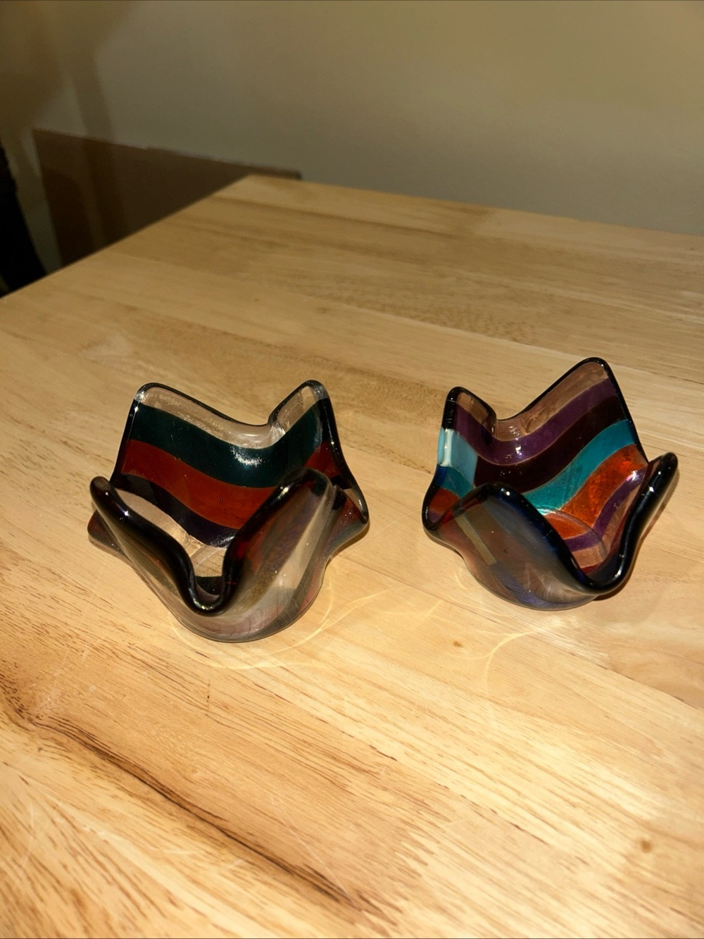 Set Of 2 Fused Art Glass Handkerchief Votive Candle Holders Handmade 2019 Signed